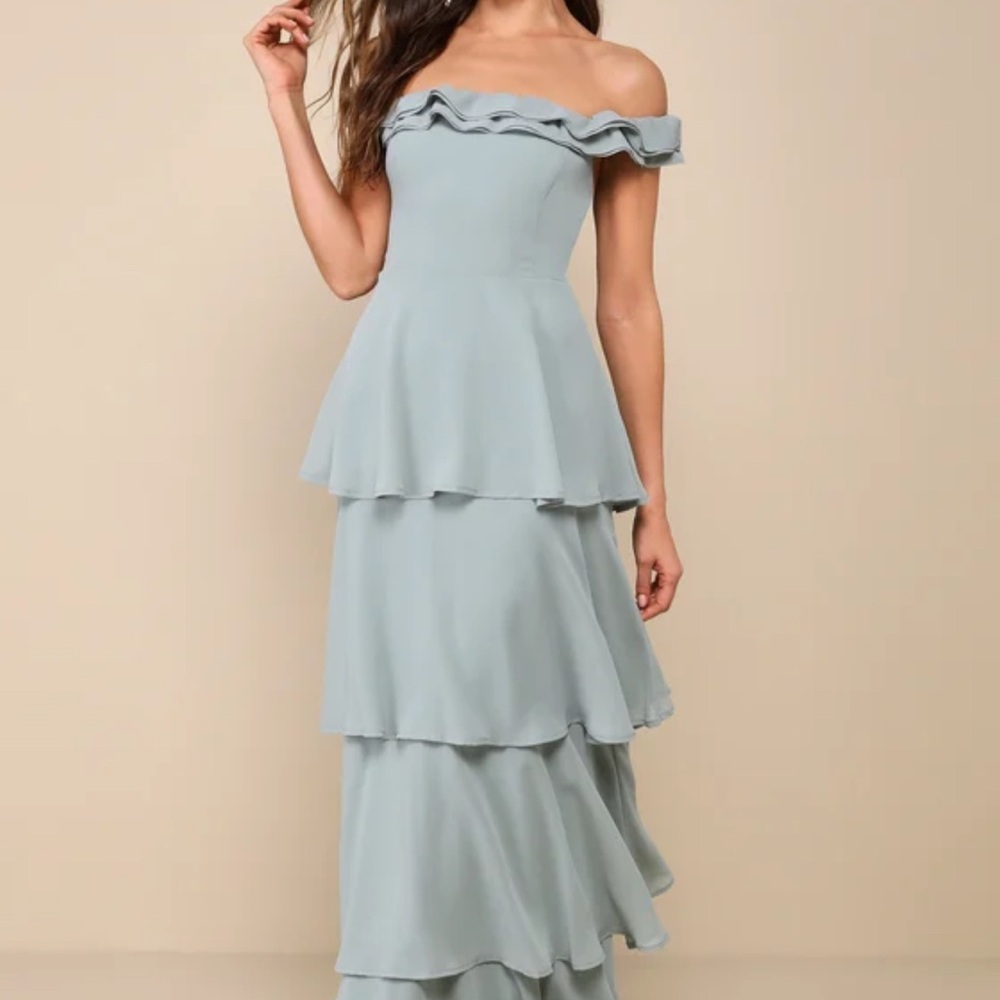 Delightful Essence Sage Green Off-the-Shoulder Tiered Maxi Dress
